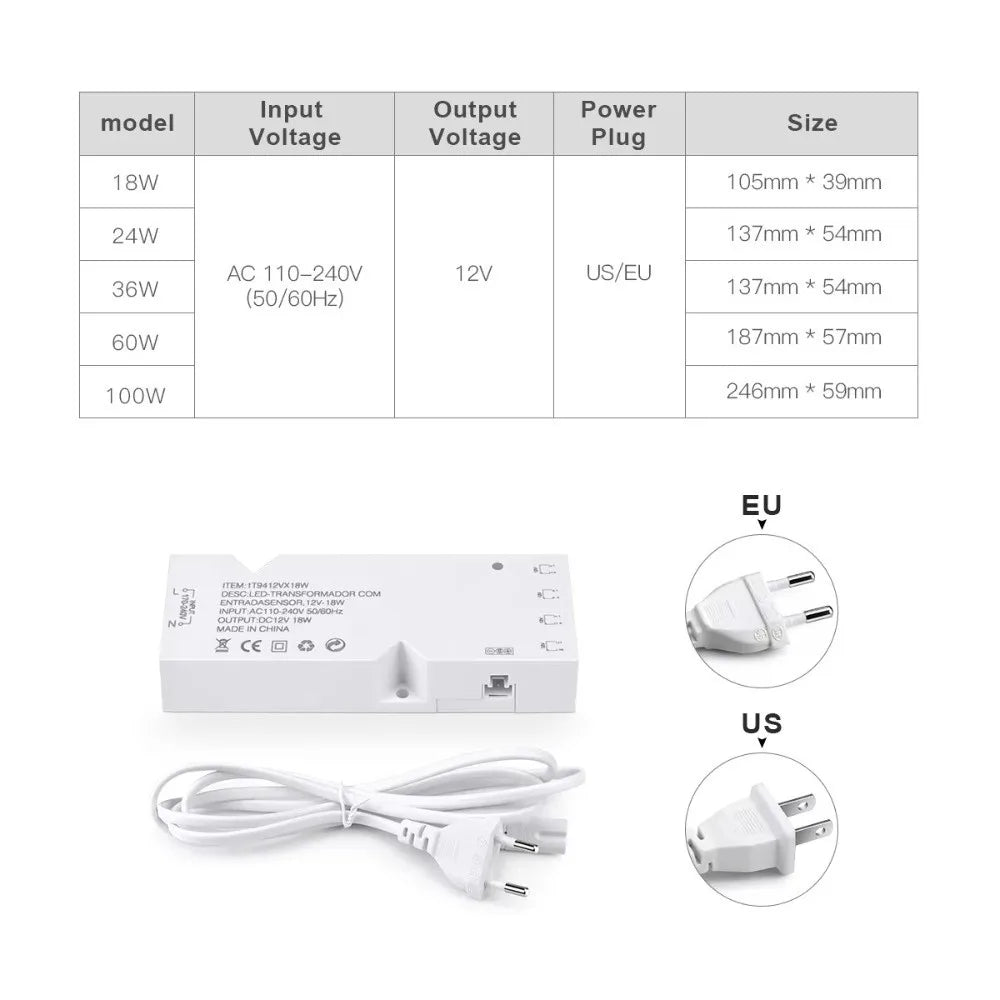DC 12V LED Power Supply Transformer 18W–100W Strip Driver