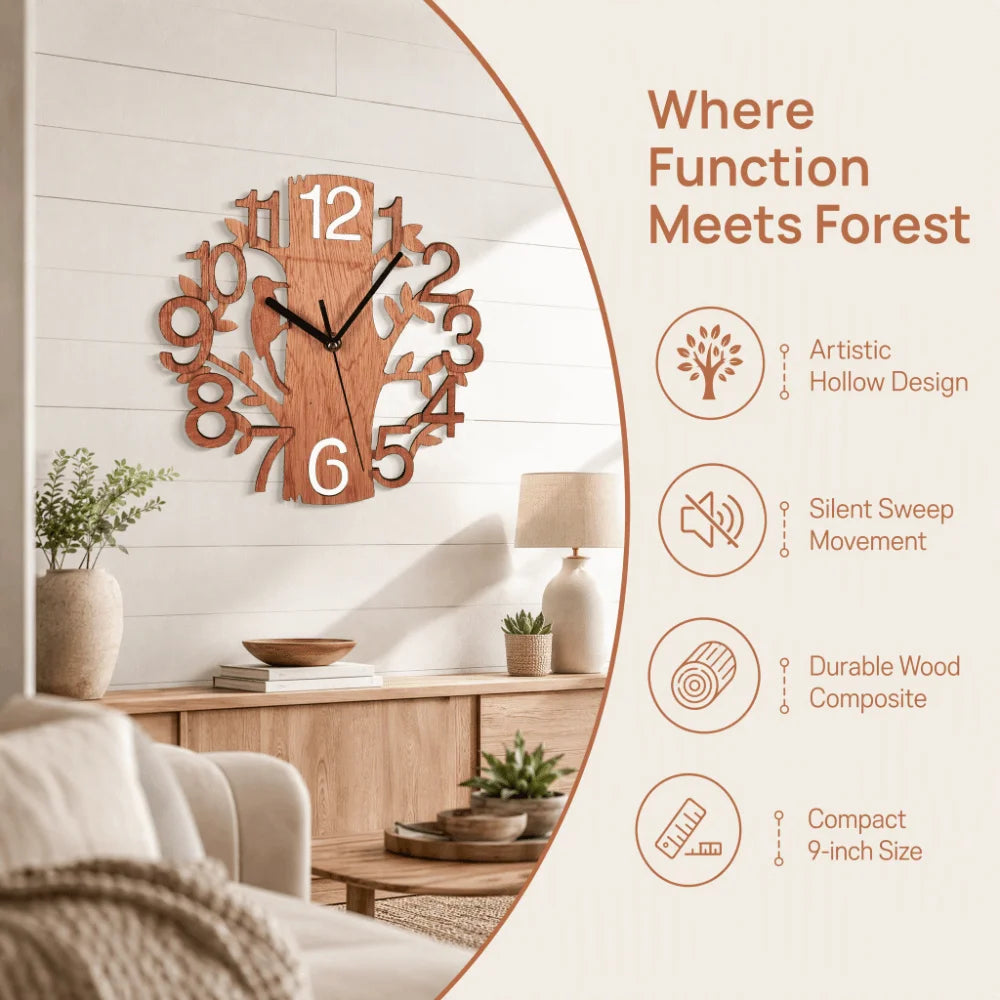 10" Round Wooden Wall Clock – Silent Sweep, Tree & Bird Cutout