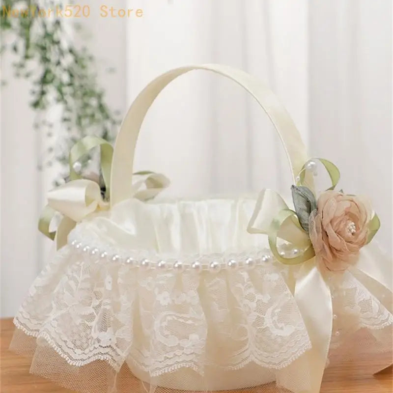 Wedding Flower Basket with Lace & Rose – Ceremony Décor