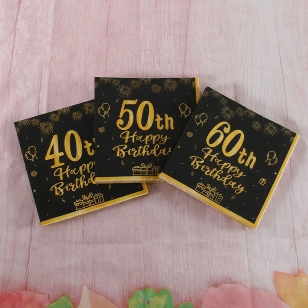 Happy Birthday Party Napkins White & Black Gold Design 20pk