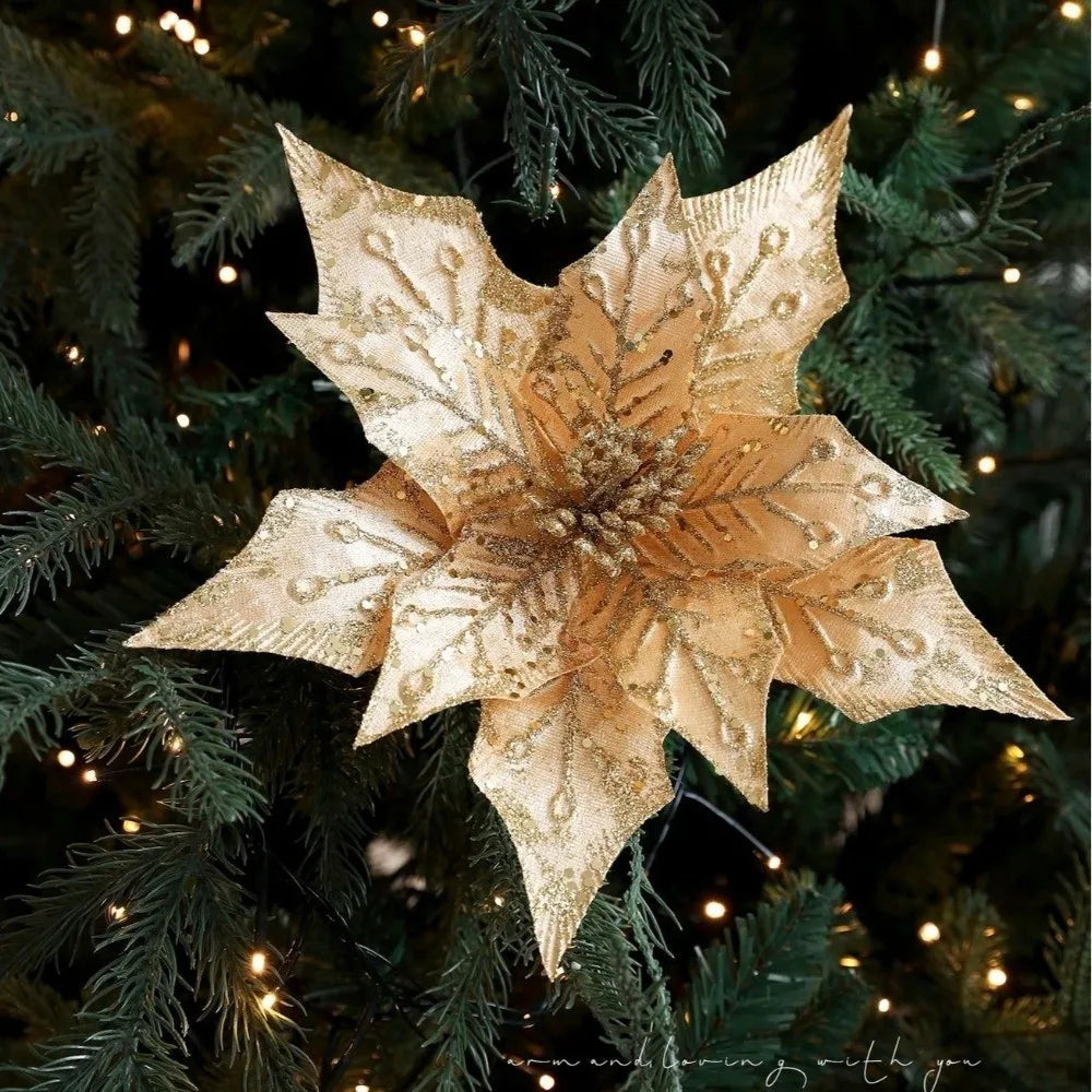 29cm Glitter Poinsettia Artificial Christmas Flower – Gold & Red