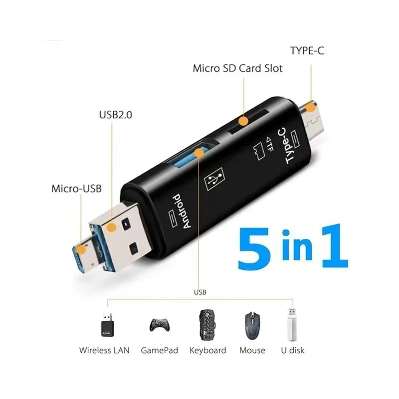 5-in-1 USB 3.0 OTG Card Reader – USB-C, SD & TF Adapter