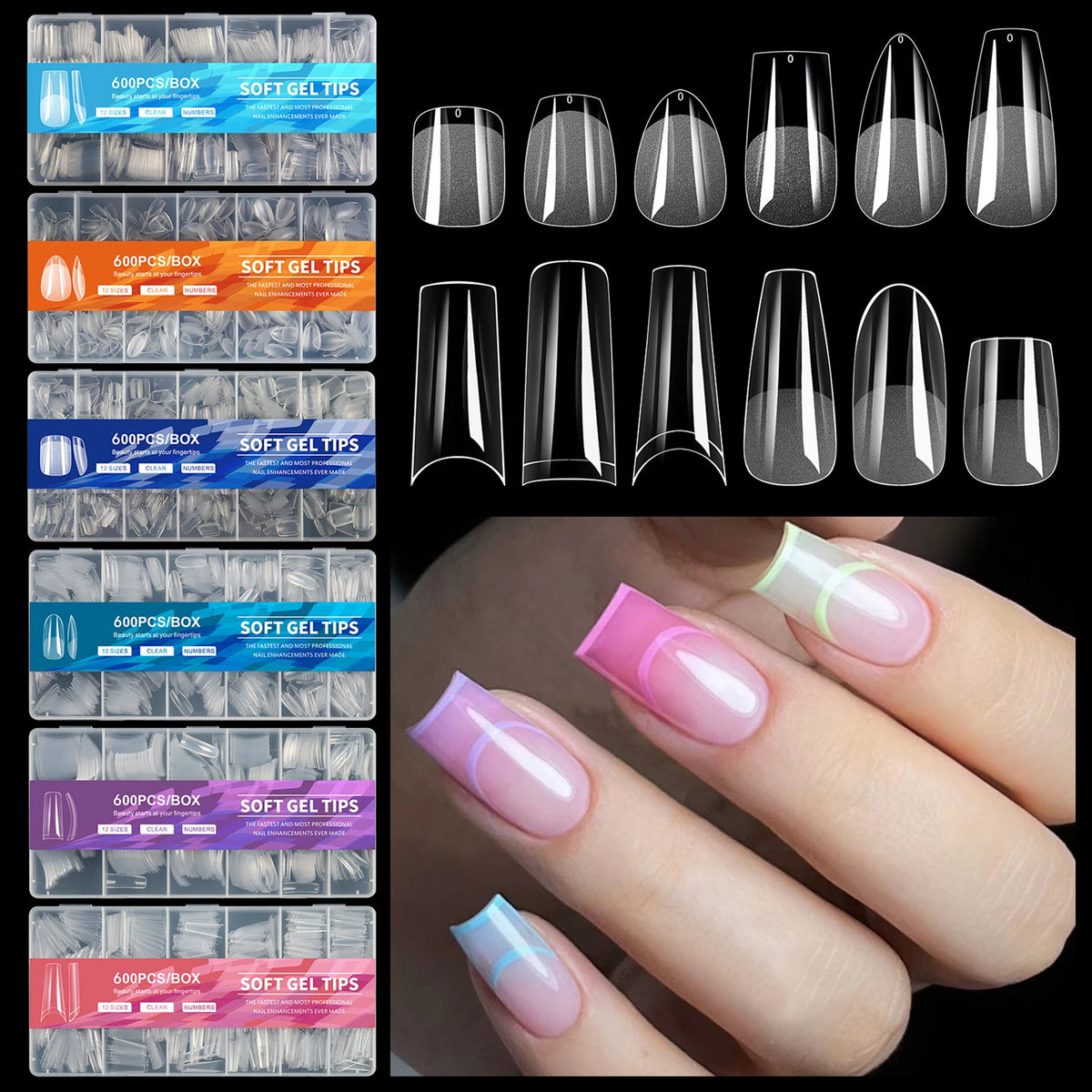 Aleekit 600pcs Soft Gel Coffin Nail Tips – 12 Sizes, Pre-Etched