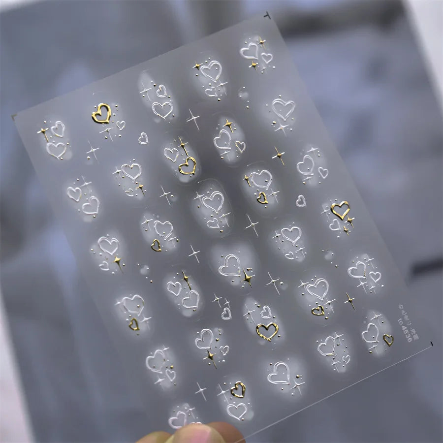 5D Relief Nail Art Stickers – Gold Silver Heart Decals