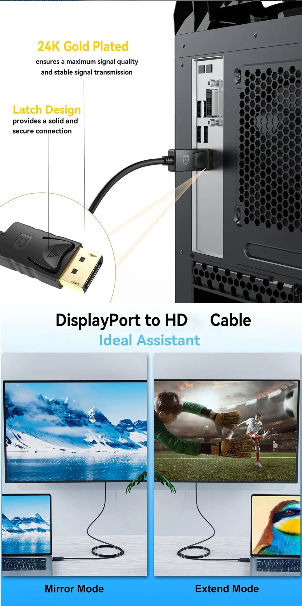 4K DisplayPort to HDMI Cable 3m – DP Adapter for PC, TV & Monitor
