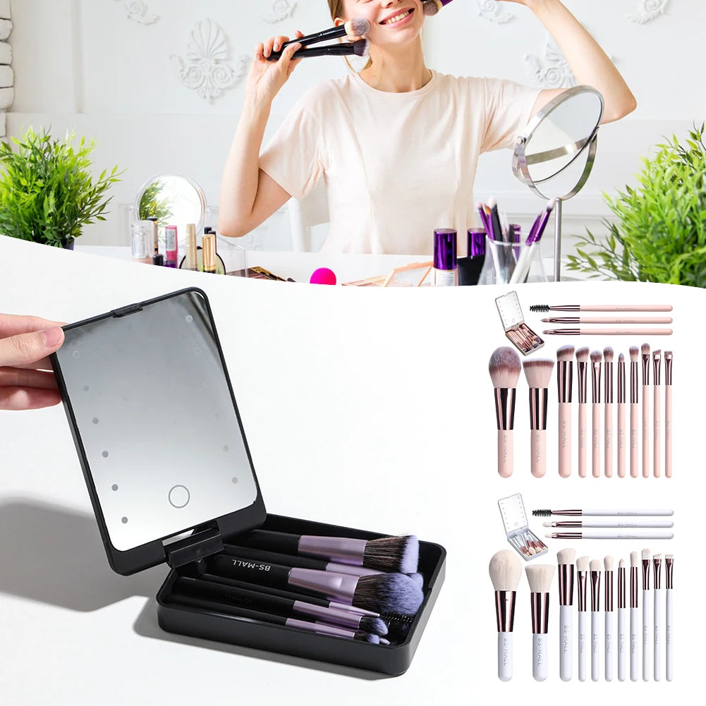 14-Piece Portable Makeup Brush Set with Lighted Mirror Case