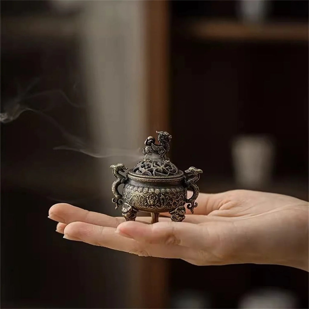 Brass Lotus Incense Burner Bowl – Lion Handle Meditation Décor