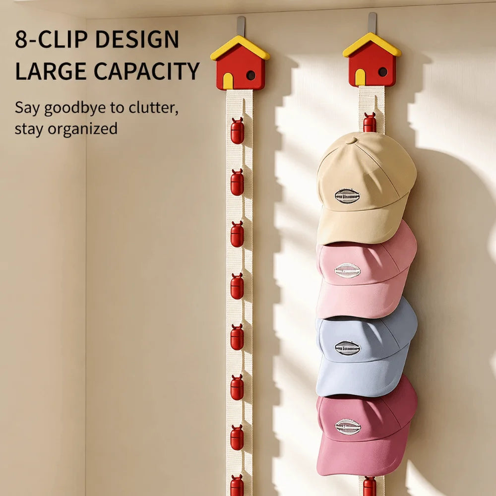 Wall Mounted Hat Rack with 8 Non-Slip Clips – Cap Organizer