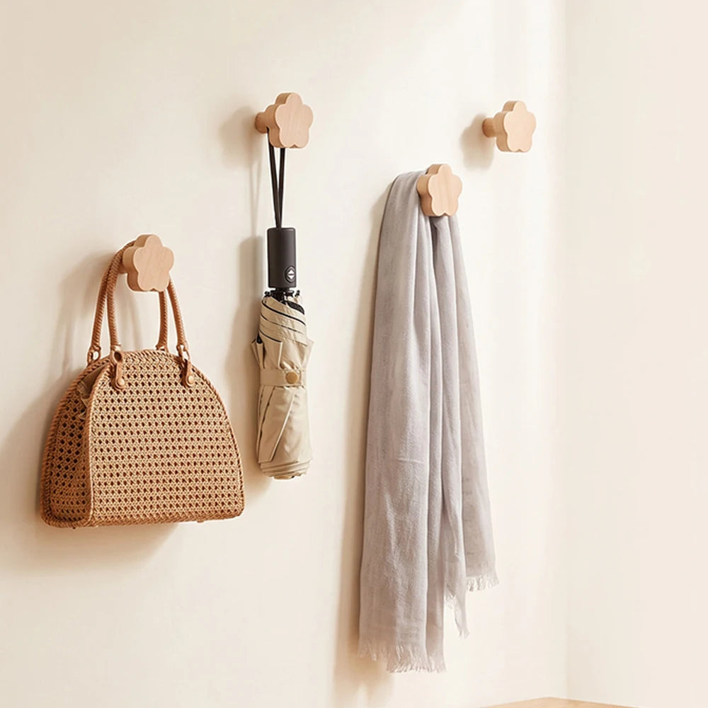 Wooden Flower-Shape Adhesive Wall Hook – Coat & Towel Hanger