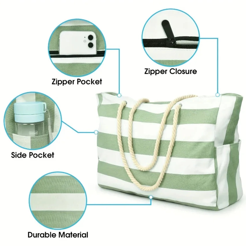VIBE Striped Beach Tote Bag – Waterproof Foldable Shoulder Bag