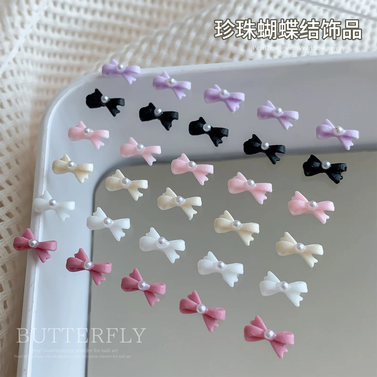 20pcs 3D Bowtie Nail Charms Pearl Bow Rhinestone Nail Art