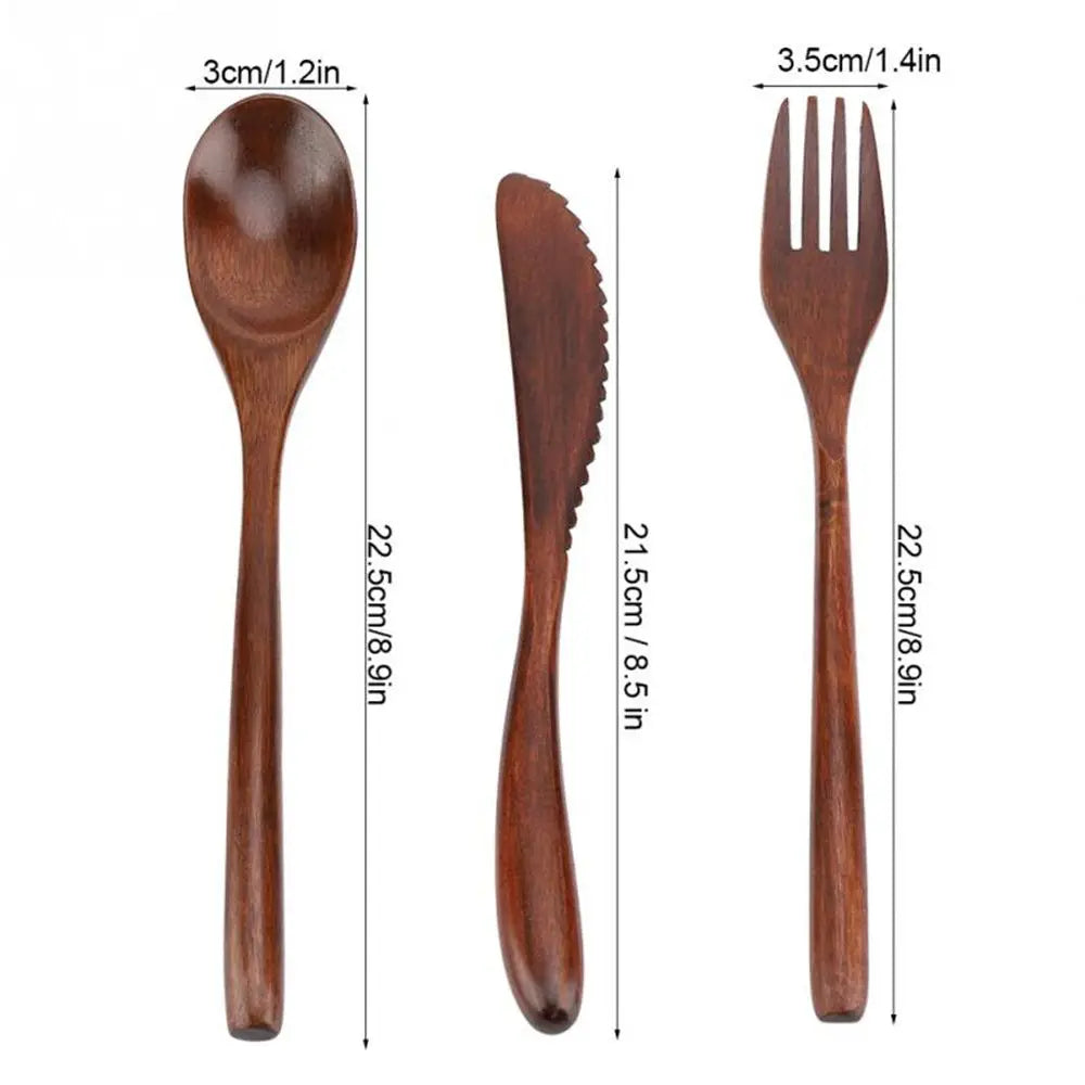 Reusable Wooden Cutlery Set – Knife Fork Spoon with Carry Bag