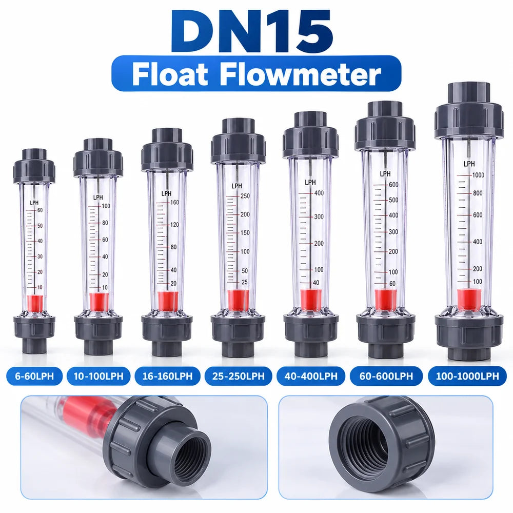 DN15 Plastic Liquid Float Flowmeter Rotameter 6–1000LPH