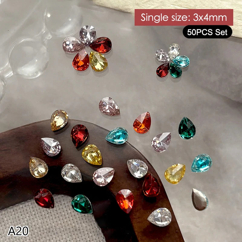 50Pcs Water Drop Zircon Nail Rhinestones 3D Flatback Crystal Gems