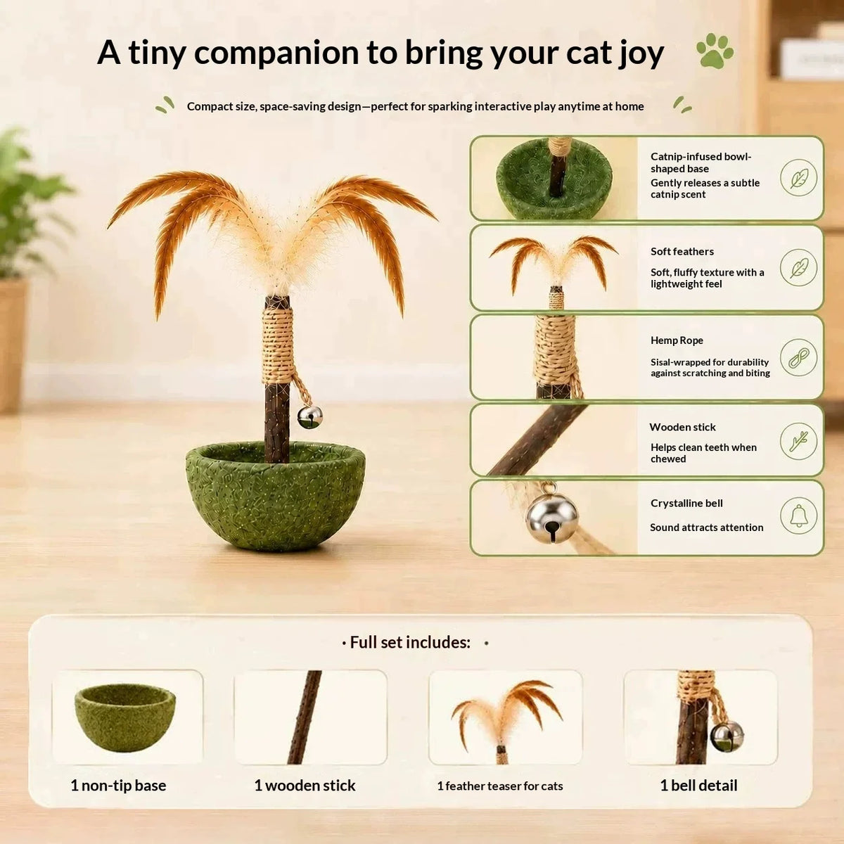 Catnip Tumbler Cat Toy – Feather Teaser, Bell & Silvervine