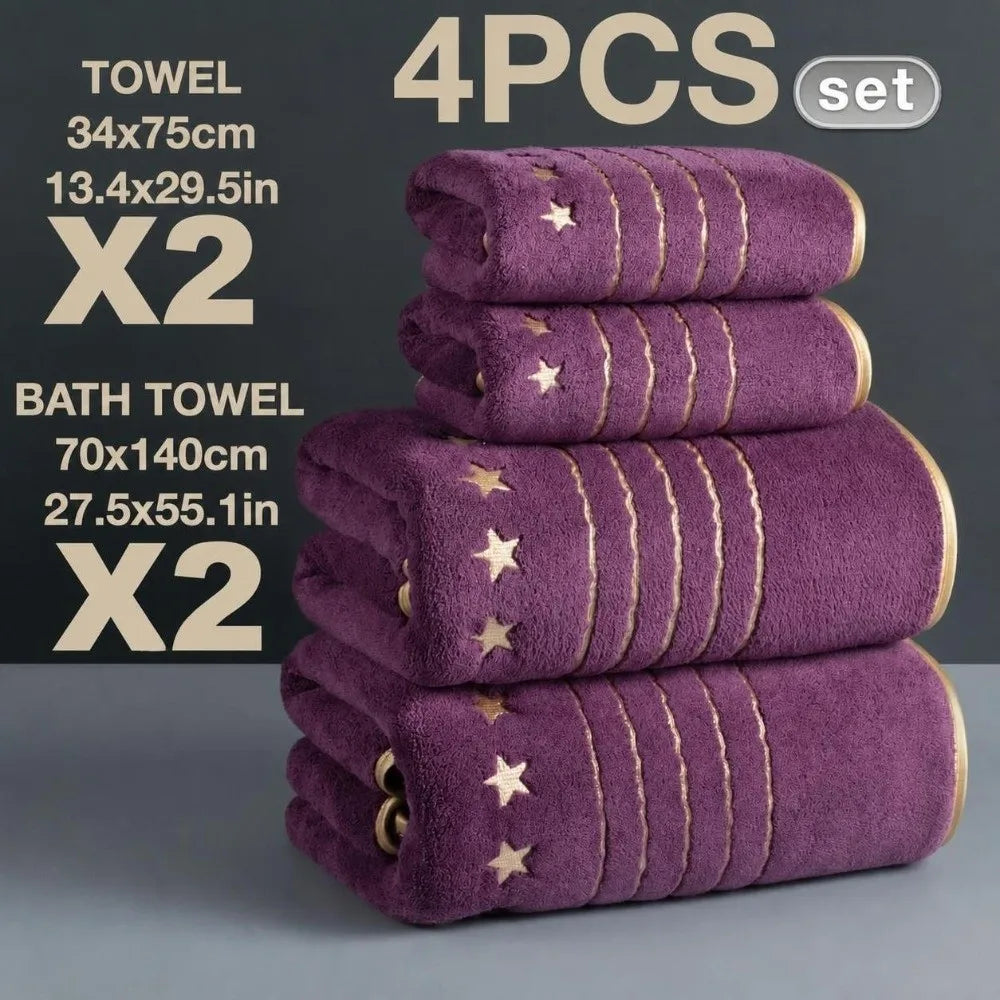 4-Piece Coral Fleece Towel Set – Star Embroidery & Gold Trim