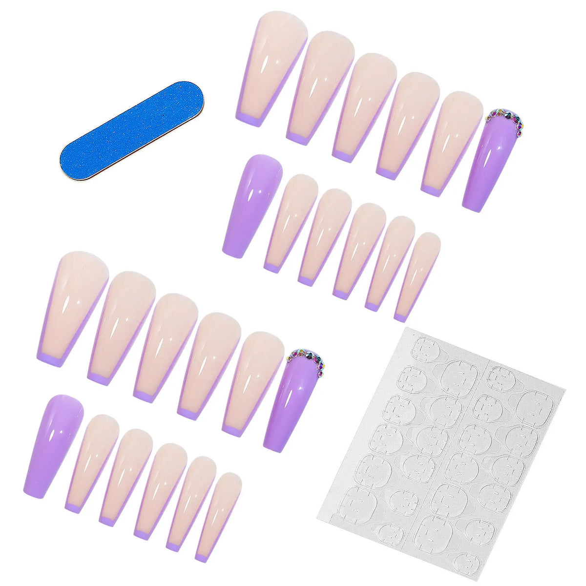 Long Coffin Press-On Nails – Purple French Tip & Rhinestones