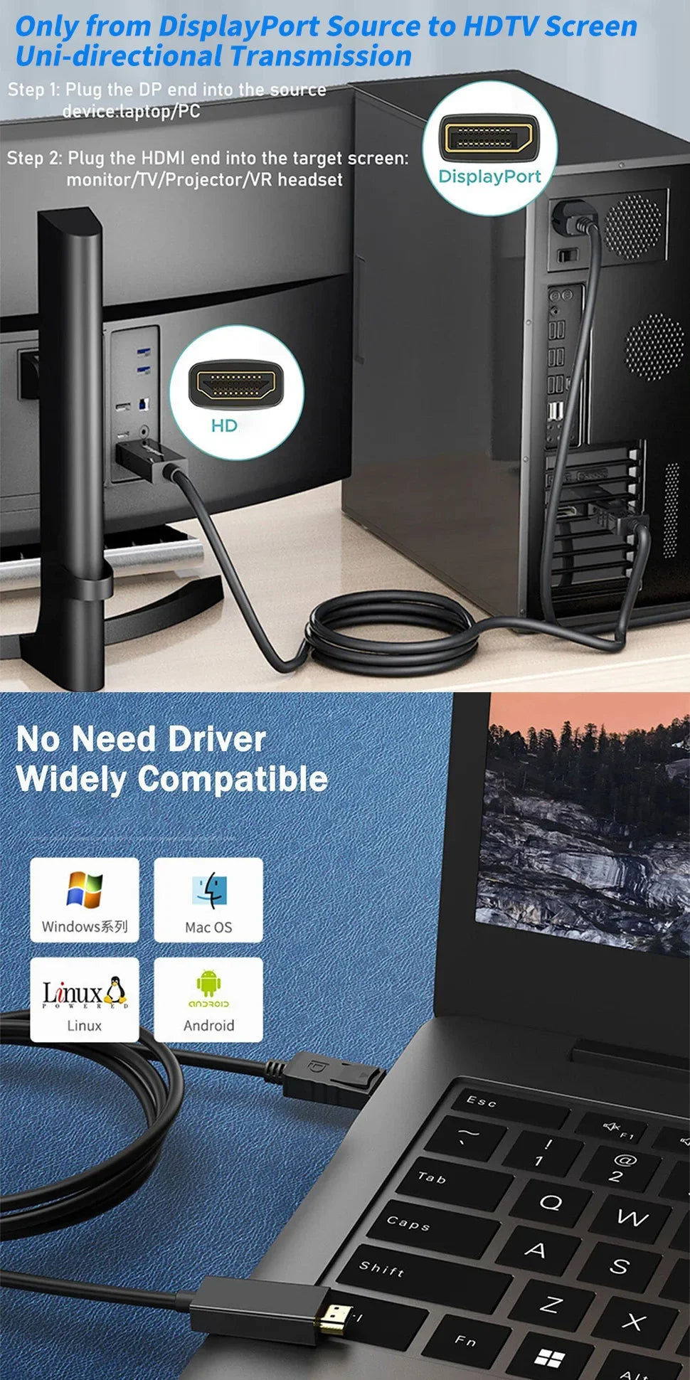 4K DisplayPort to HDMI Cable 3m – DP Adapter for PC, TV & Monitor