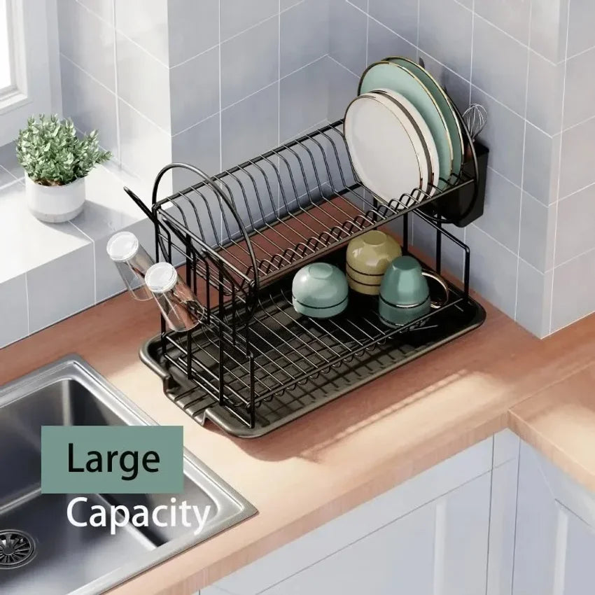 2-Tier Dish Drying Rack with Drain Board & Utensil Holder