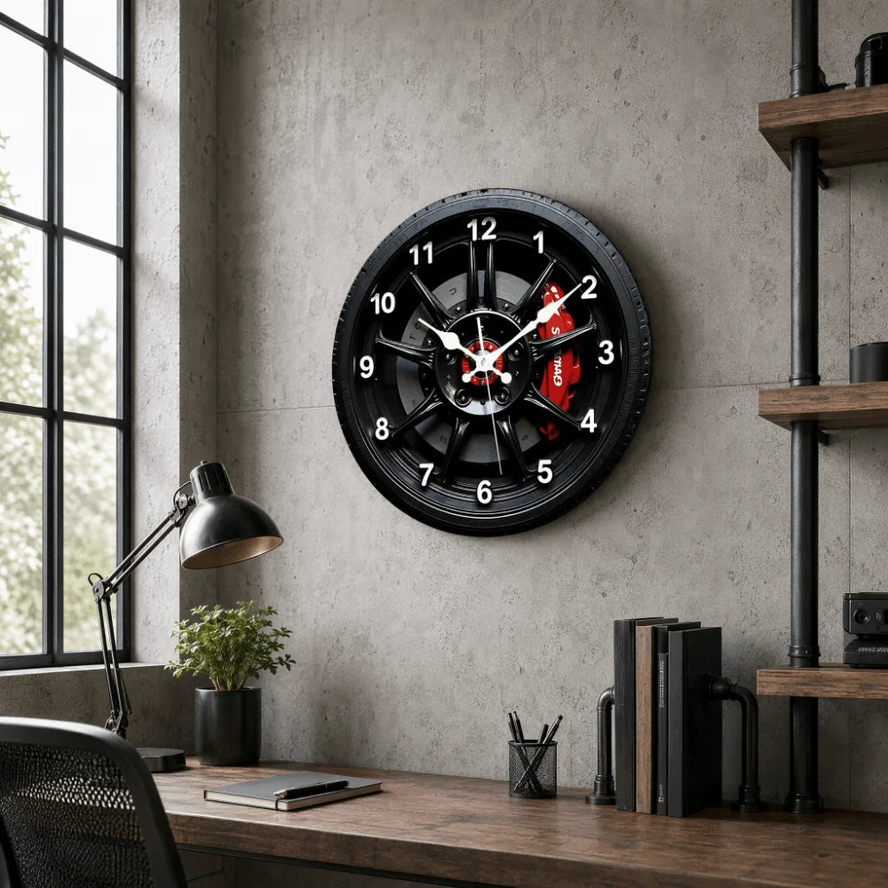 2D Flat Motorcycle Wheel Hub Wall Clock – Silent Quartz 20–30cm