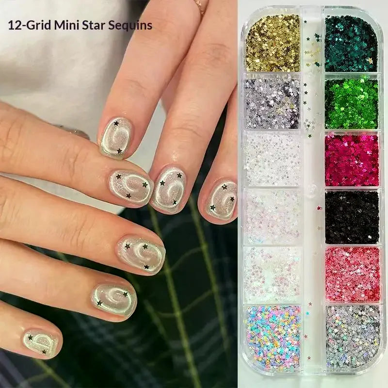 12-Grid Star Sequin 3D Nail Art Charms – DIY Manicure Set