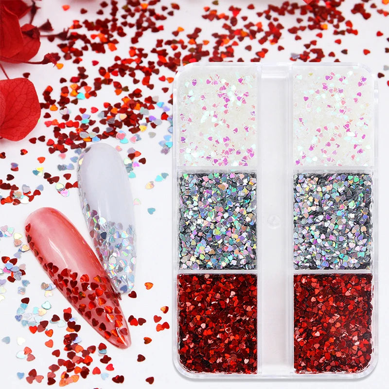 1mm Laser Heart Nail Glitter 6-Grid Set – DIY Nail Art