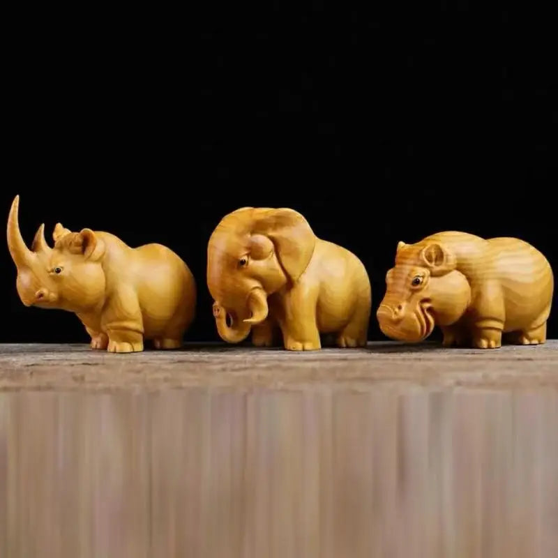 Hand-Carved Wood Animal Figurines – Rhino, Hippo & Elephant