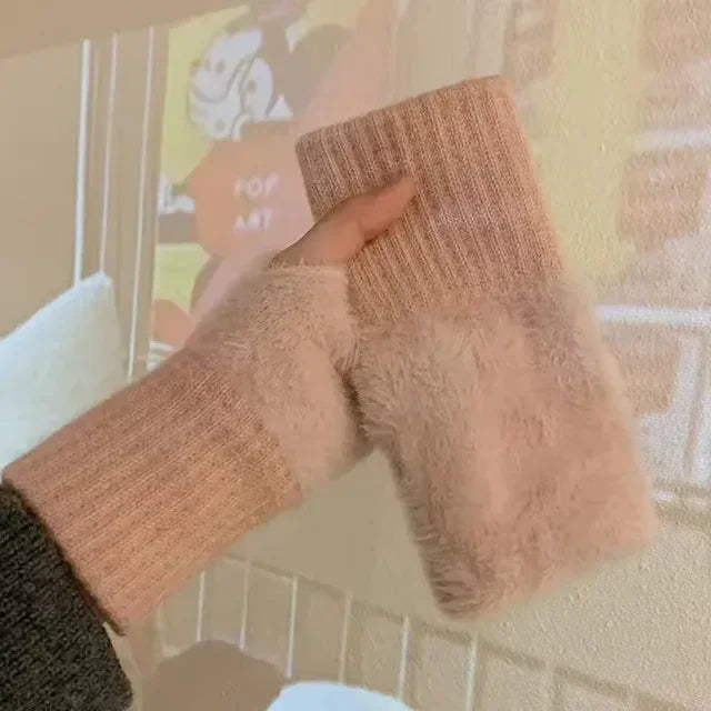 Knitted Fingerless Gloves – Soft Plush Half-Finger Winter Mittens