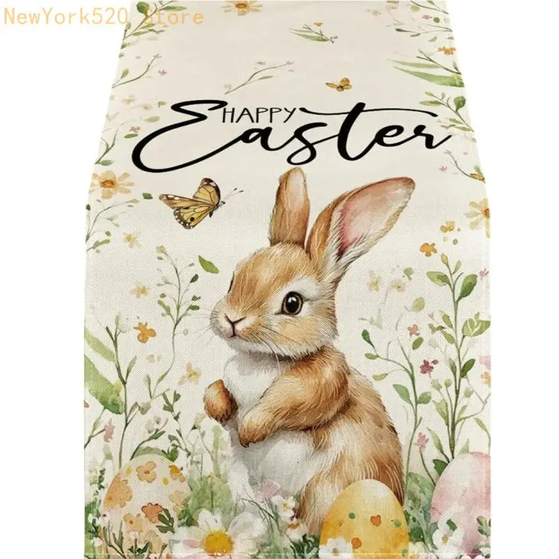 Farmhouse Linen Easter Table Runner – Eggs & Bunnies