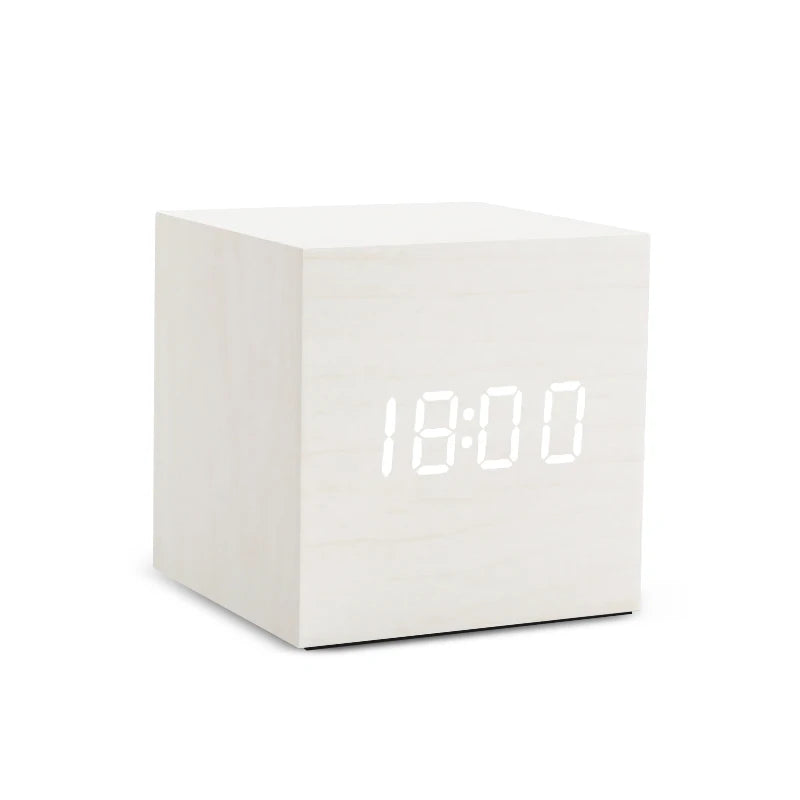 LED Digital Alarm Clock Wooden Style Voice Control USB/Battery