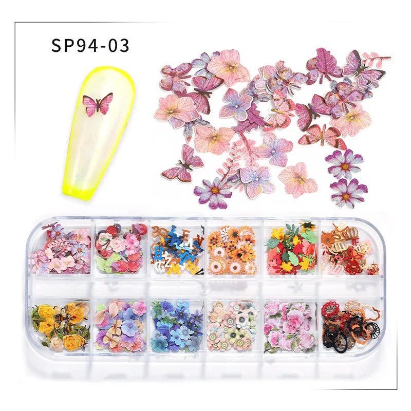 12-Grid Autumn Leaf Nail Sequins & Floral Charm Decoration Set
