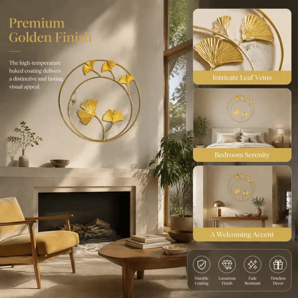 Gold Metal Leaf Wall Décor – 11in Wrought Iron Round Ornament