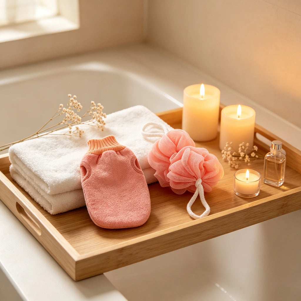 Bath Exfoliating Glove & Mesh Loofah Body Scrubber Set