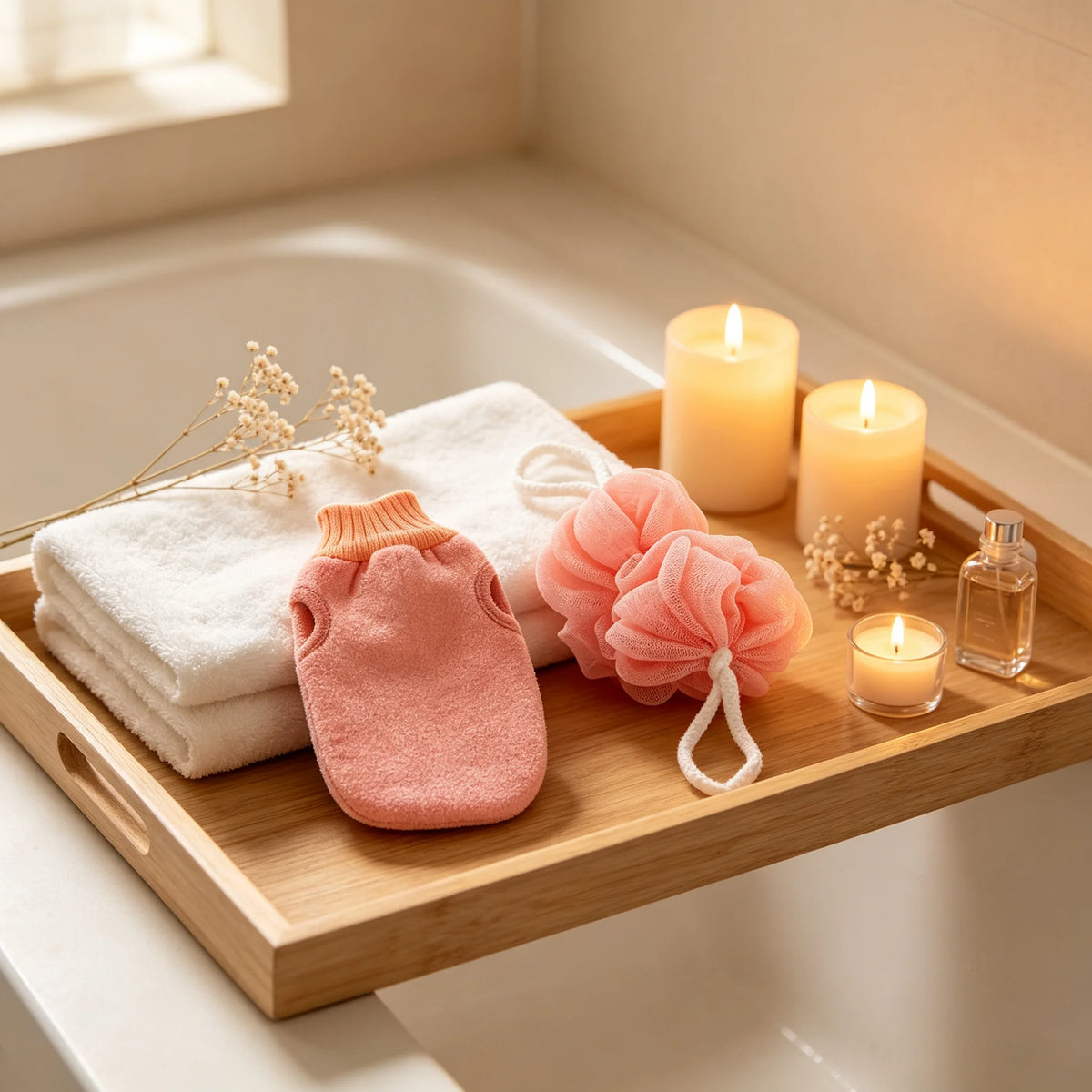 Bath Exfoliating Glove & Mesh Loofah Body Scrubber Set