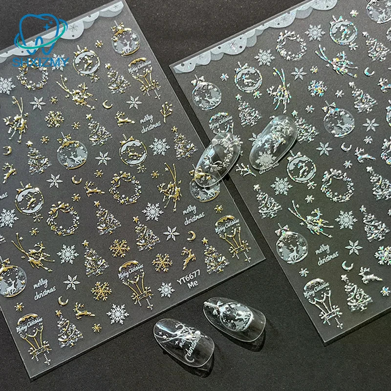 Christmas Nail Art Stickers – Gold Elk, Snowflake & Wreath