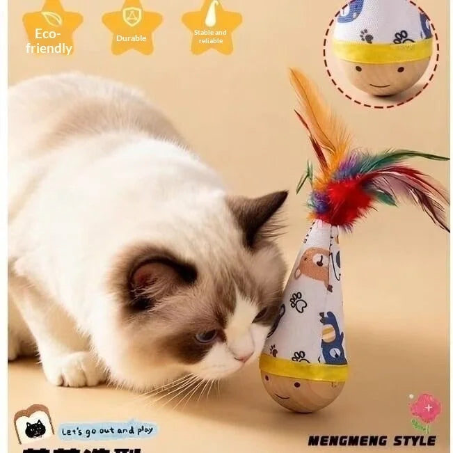 Beech Wood Wobble Cat Toy – Feather Tumbler for Kittens