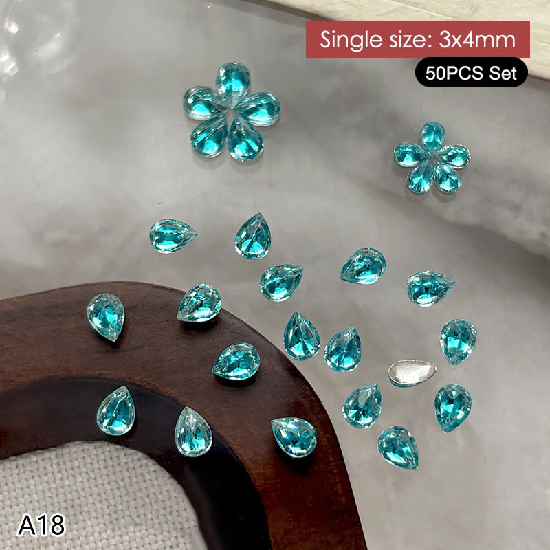 50Pcs Water Drop Zircon Nail Rhinestones 3D Flatback Crystal Gems