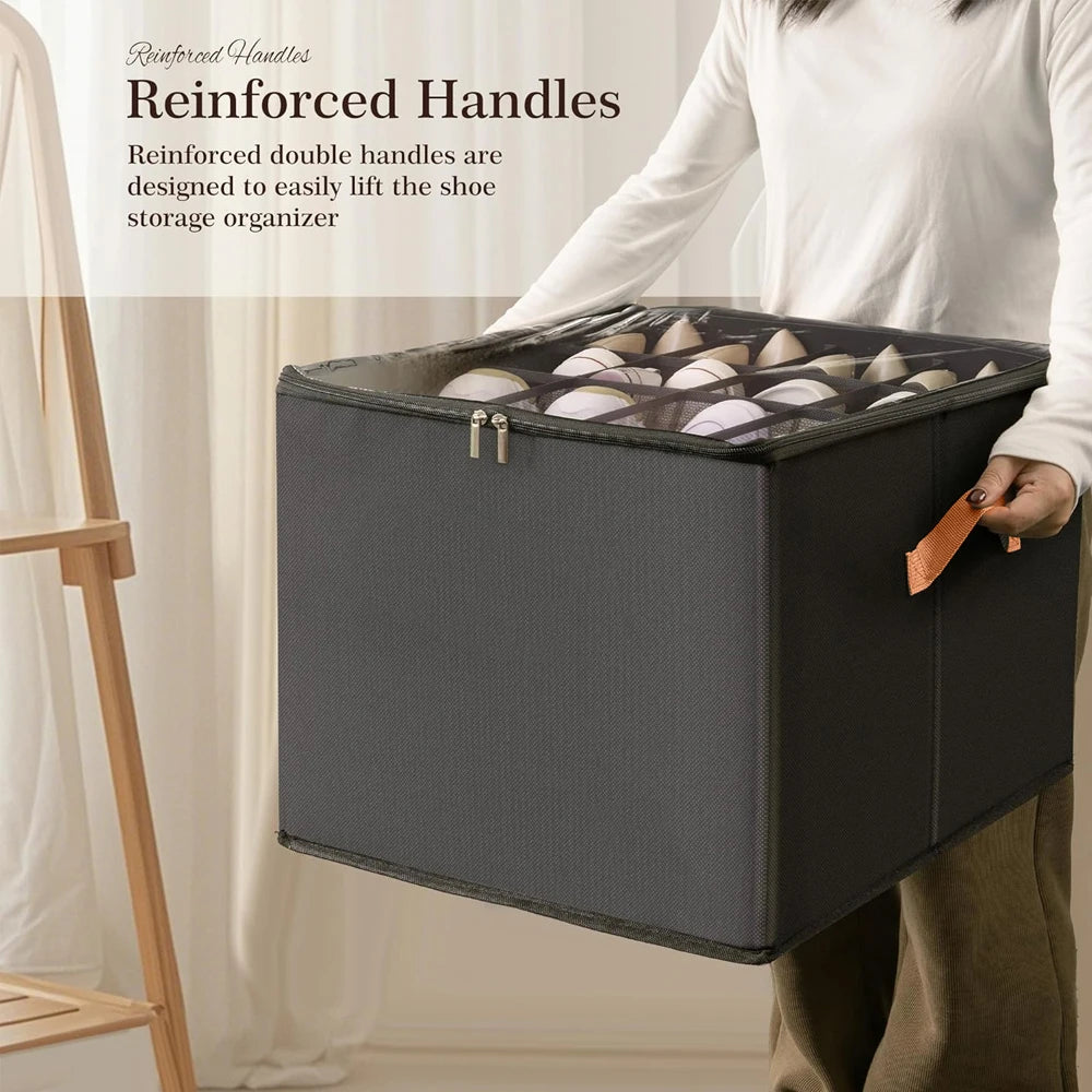 12-Pair Foldable Fabric Shoe Storage Box with Dustproof Cover