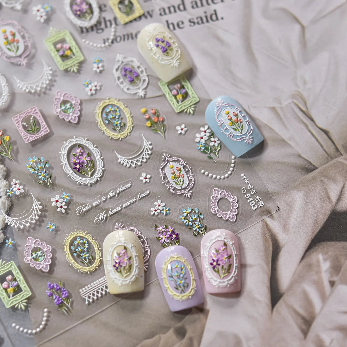 5D Embossed Nail Stickers Retro Floral Picture Frame Nail Art