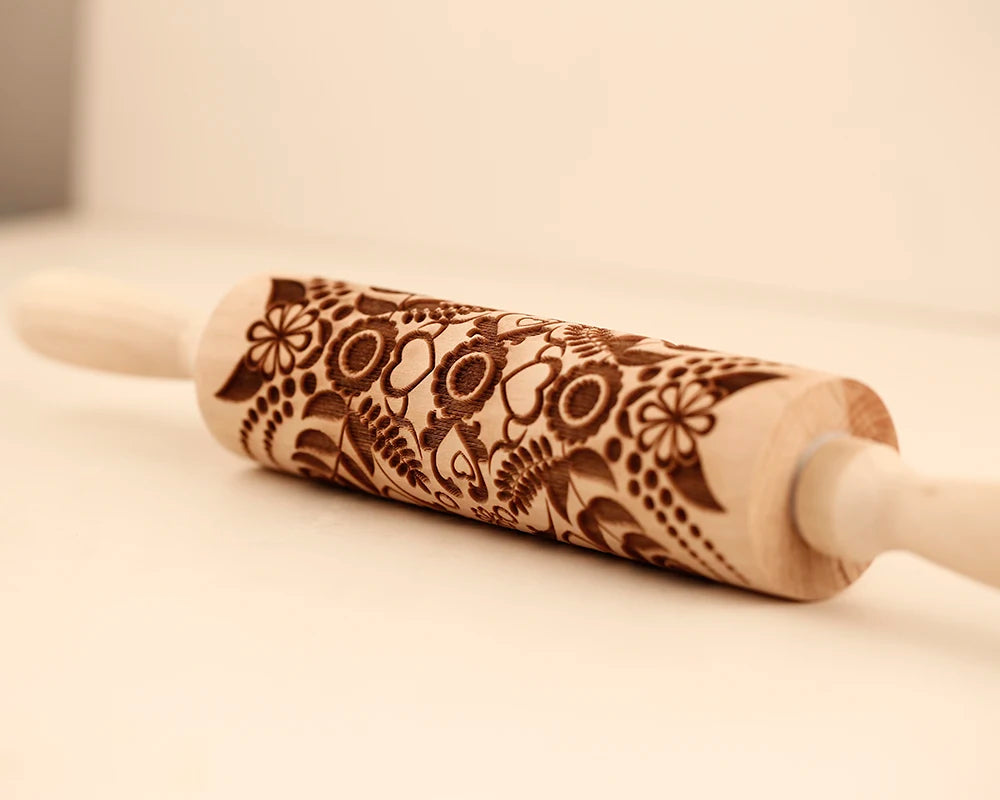 Arjmide 3D Embossed Wooden Rolling Pin – Sunflower Pattern