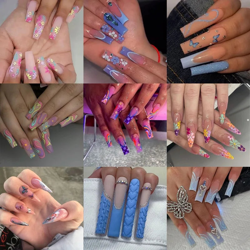 24Pcs Press On Nails with Glue – Long Acrylic False Nail Tips