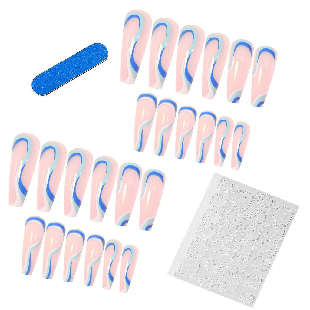 24pc Long Coffin Press On Nails Nude Blue Wavy Ballet Design