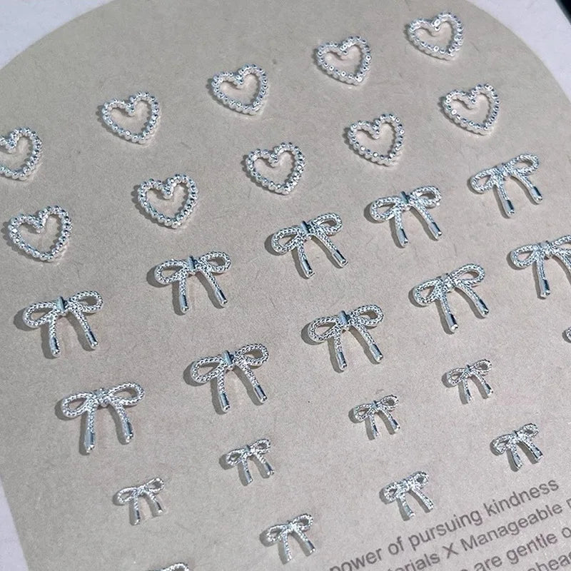 50pcs 3D Alloy Bow Heart Nail Charms Silver DIY Nail Art