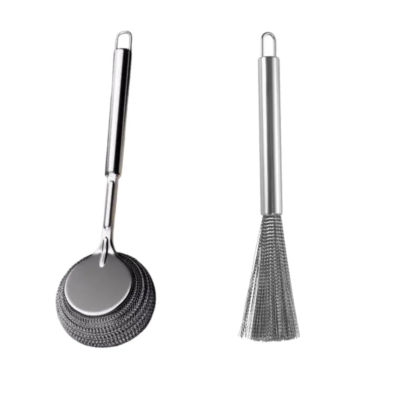 Stainless Steel Long Handle Pot Brush Set – 2-Piece Scrubber