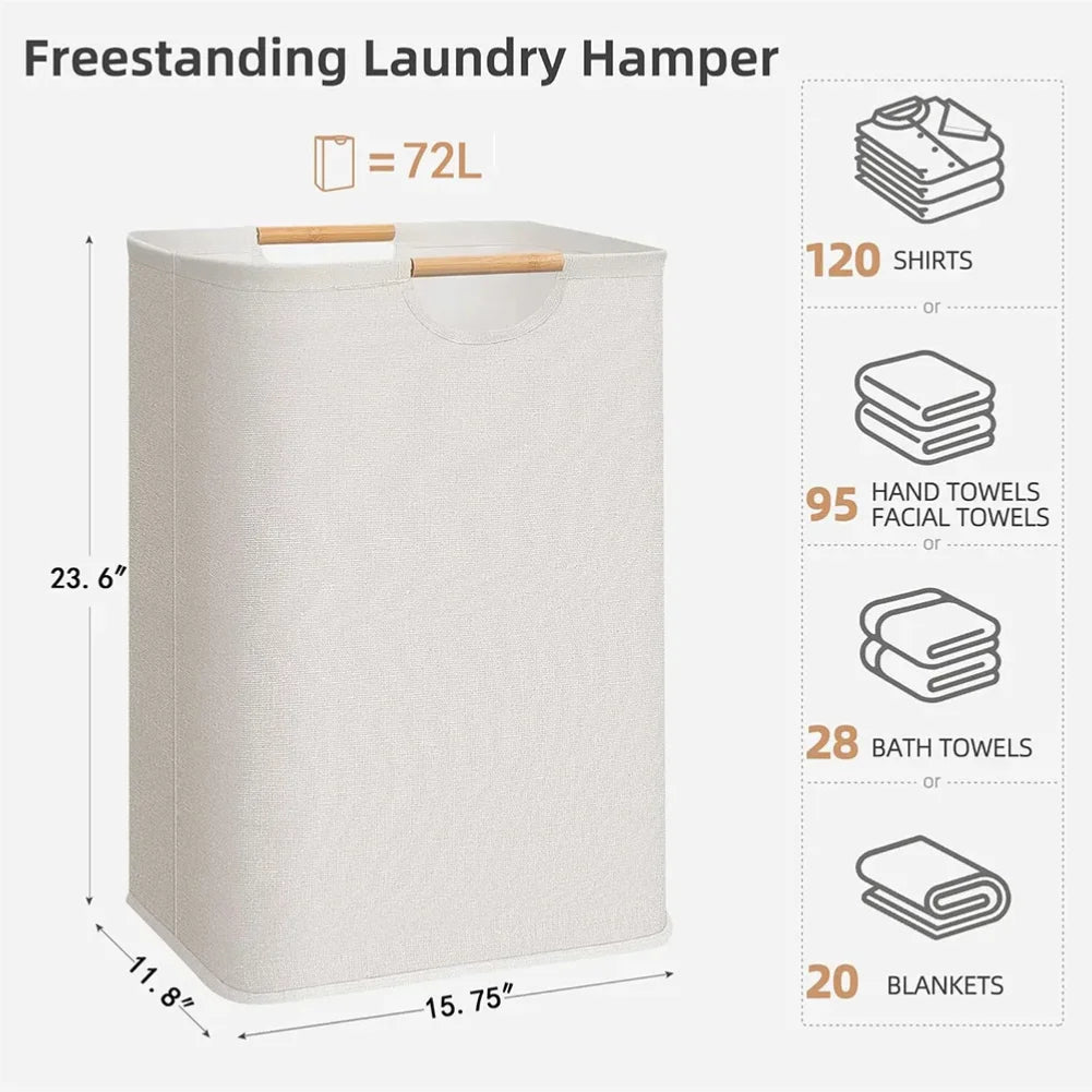 Collapsible Linen Laundry Basket with Wooden Handle
