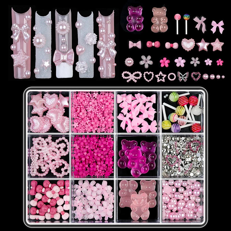 12-Grid 3D Resin Nail Art Charms – Bowknot Bear Heart Flower