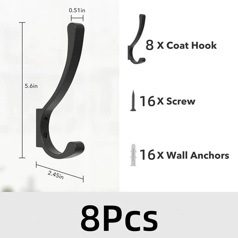 Heavy Duty Wall Mount Coat Hooks – Black Aluminum Set of 8