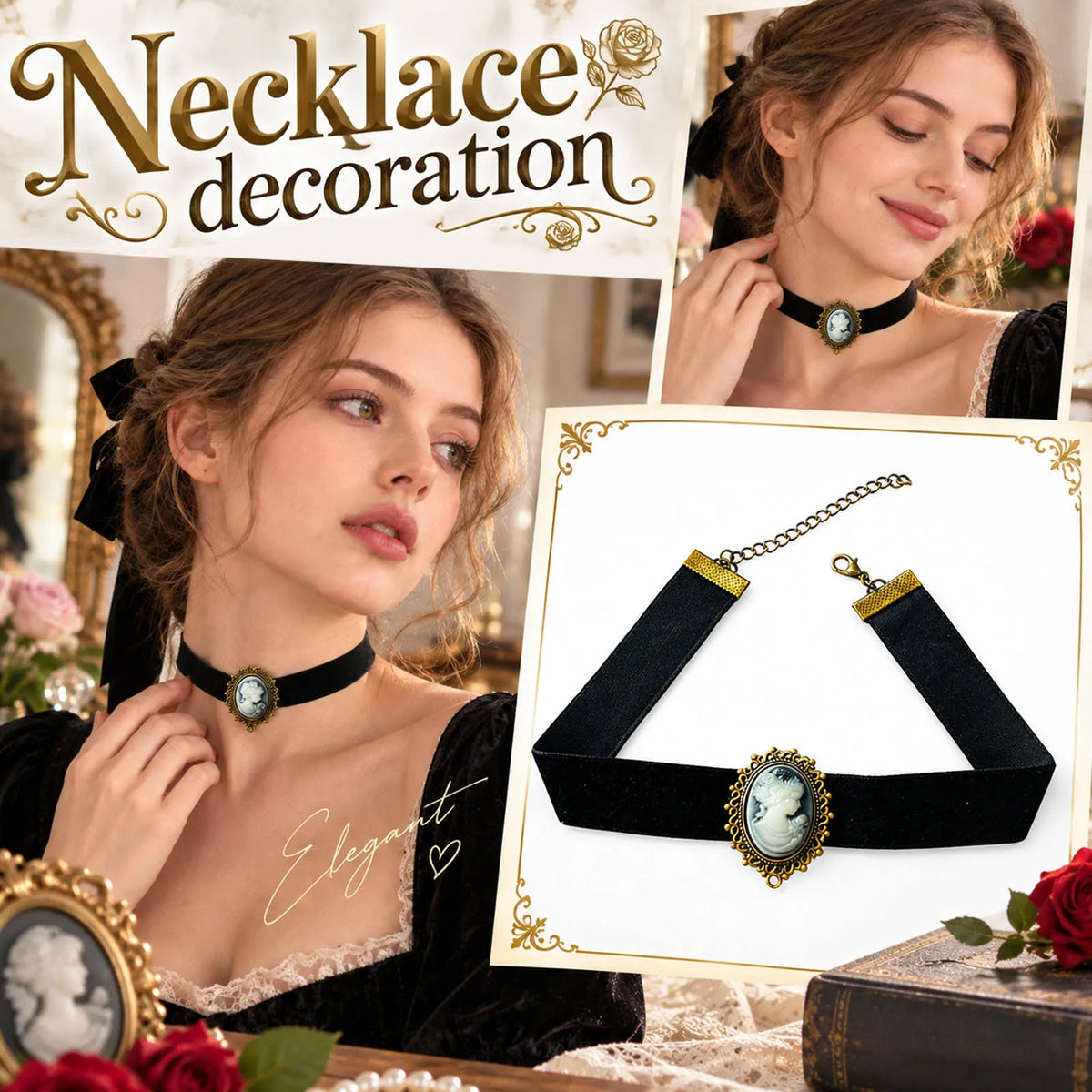 Vintage Black Velvet Cameo Choker Necklace – Retro Women