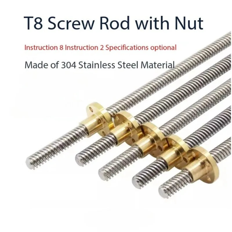 T8 Lead Screw & Brass Nut 304 Stainless Steel – 2/4/8mm