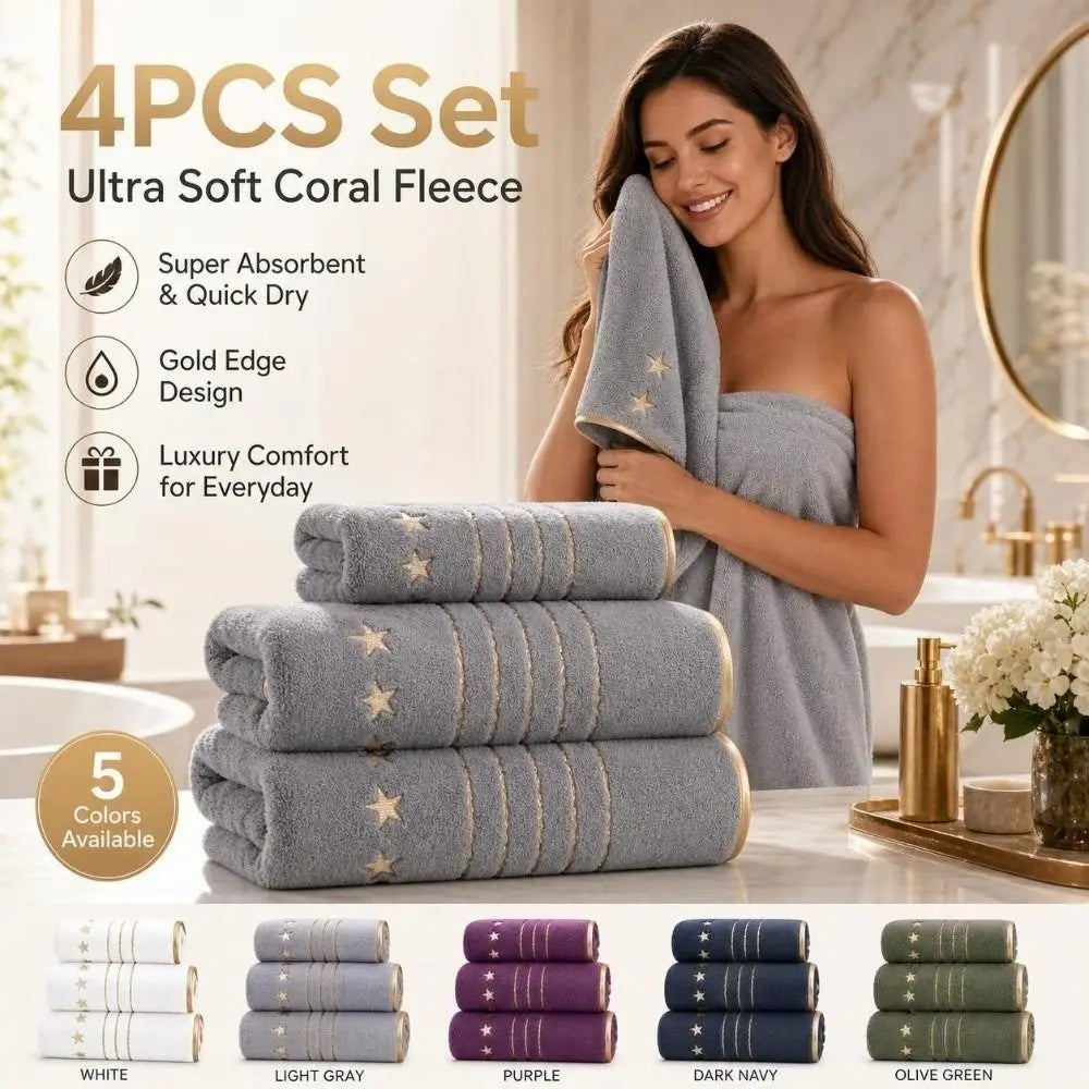 4-Piece Coral Fleece Towel Set – Star Embroidery & Gold Trim